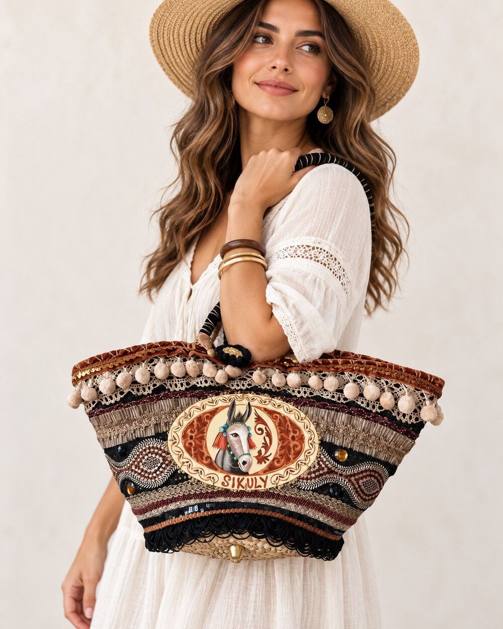 Sikuly Sicilian Coffa Bag Donkey Beaded Tote Bag Tassel Boho Handmade Italy Rare